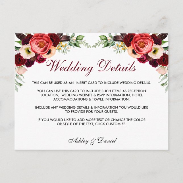 Postal Floral Burgundy Boho Boda Detalles Insertar tarjet (Anverso)