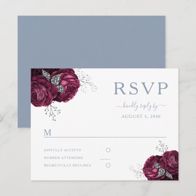 Postal Floral Burgundy Dusty Blue Wedding RSVP (Anverso / Reverso)