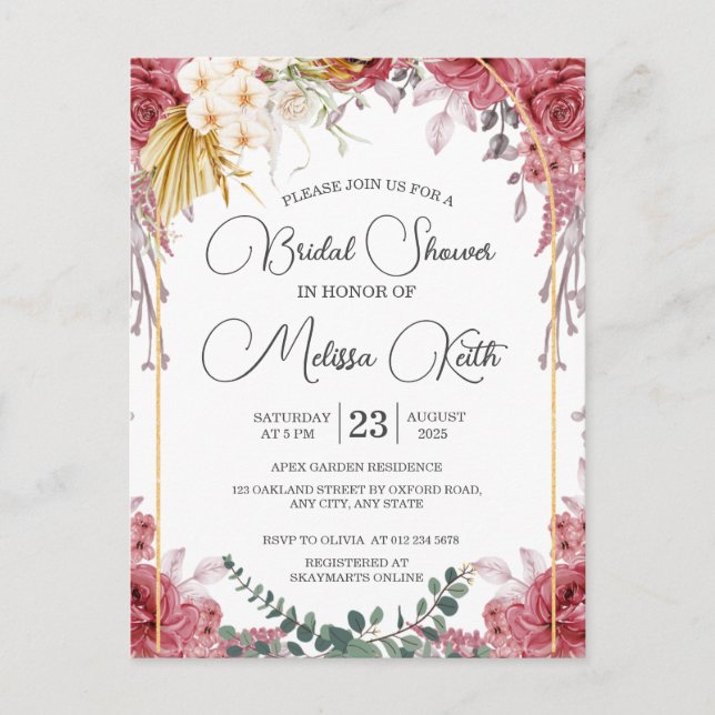 Postal Floral Burgundy Gold Eucalyptus Bridal Shower (Anverso)