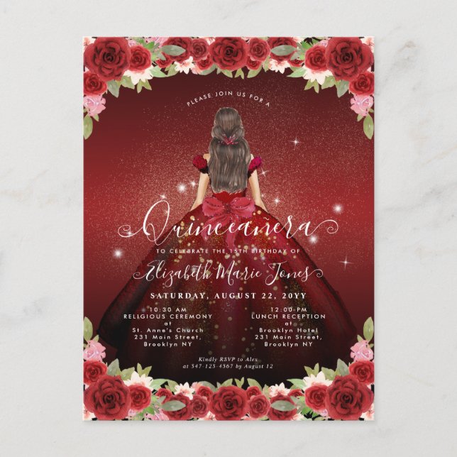 Postal Floral Burgundy Red Gold Glam Princesa Quinceanera (Anverso)