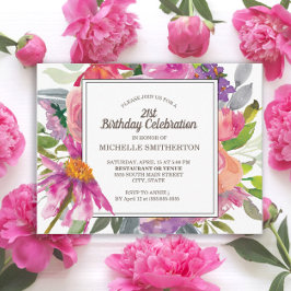 Postal Floral color morado rosado 21ª Fiesta de cumpleaño
