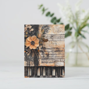 Postal Floral con claves de piano rústicas y hoja de músi