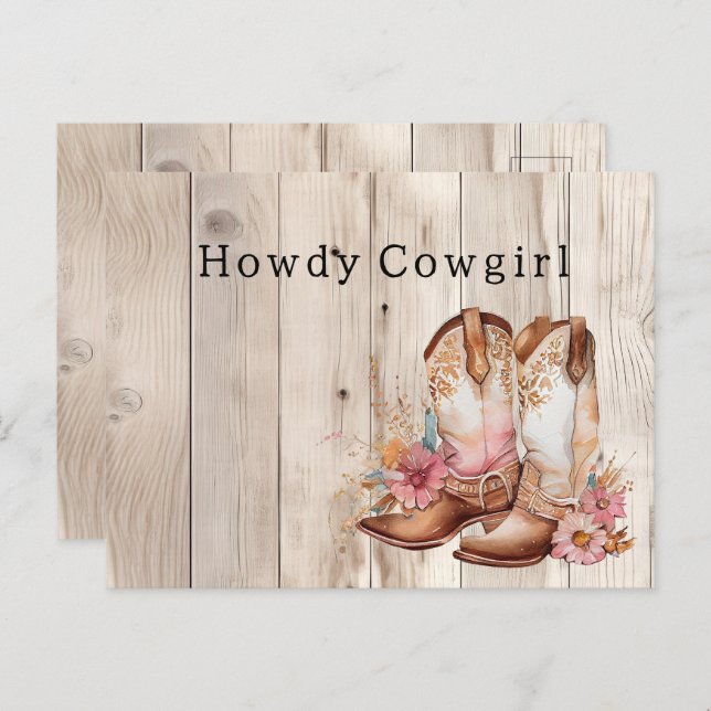 Postal Floral Cowgirl Boots Ivory Faux Wood Personalizado (Anverso / Reverso)