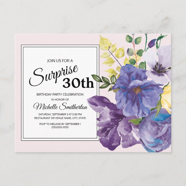 Postal Floral de Acuarela Morada en Cumpleaños 30 de Rosa (Anverso)