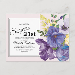 Postal Floral de Acuarela Morado sobre Cumpleaños 21 Rosa