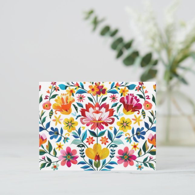 Postal Floral de arte folclórico colorido mexicano (Anverso de pie)
