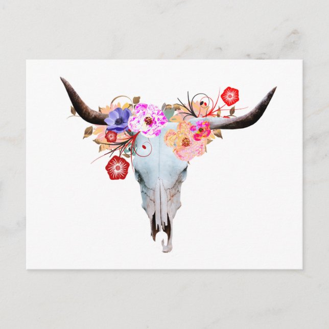 Postal Floral de Boho Rústico Longhorn Skull (Anverso)