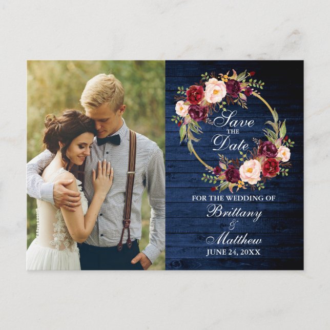 Postal Floral de Borgoña Wreath Blue Wood Save The Date (Anverso)