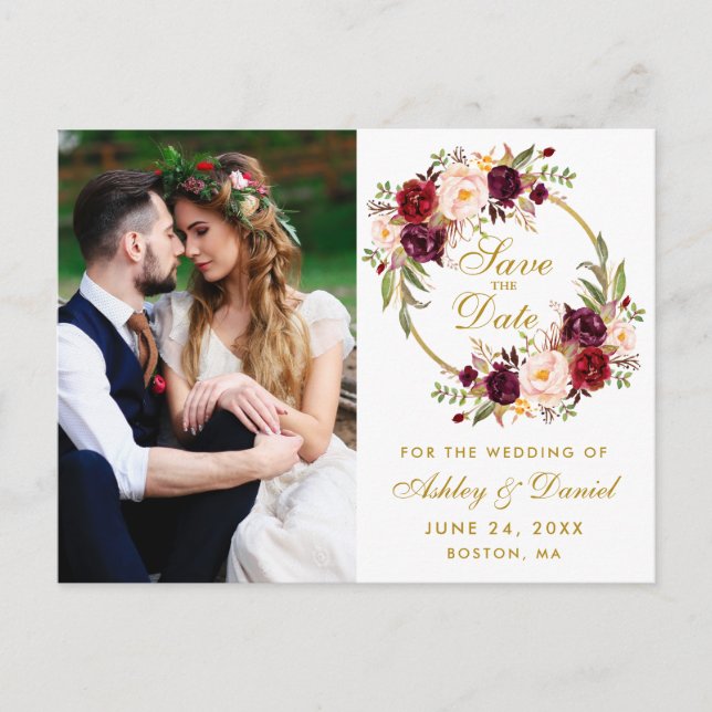 Postal Floral de Borgoña Wreath Gold Save the Date Photo (Anverso)