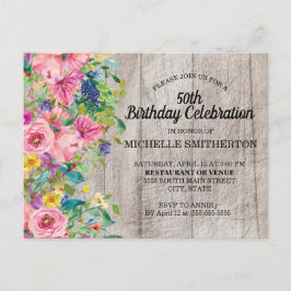 Postal Floral de color azul rosado rustico 50 cumpleaños