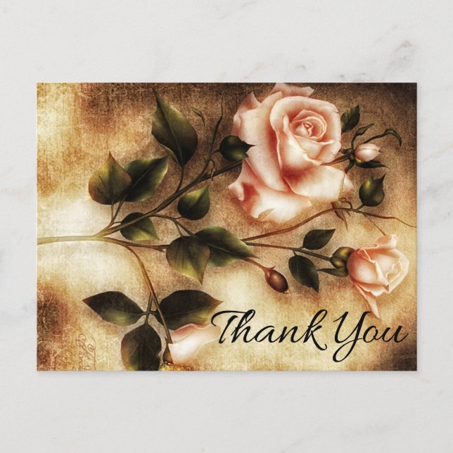 Postal Floral de época Gracias Flores De Rosa Rosadas (Anverso)