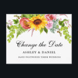Postal Floral de girasol acuarela cambia la fecha<br><div class="desc">Moderna y elegante acuarela Cambio floral de girasol La postal del Boda de la fecha presenta girasoles,  rosas rosas rosas y vegetación</div>
