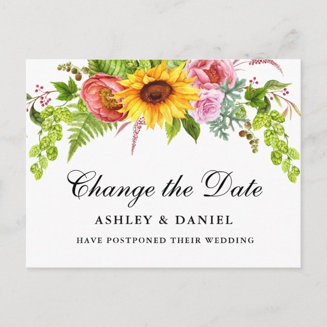 Postal Floral de girasol acuarela cambia la fecha (Anverso)