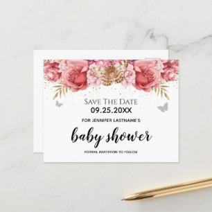 Postal Floral de mariposas rosas Baby Shower Guardar la f