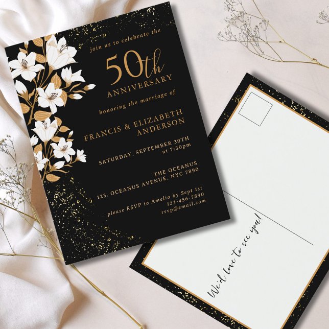 Postal Floral de oro negro 50 aniversario Boda (Subido por el creador)
