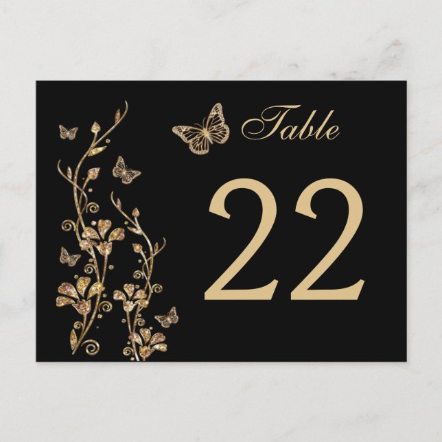Postal Floral de oro negro con mariposas número de tabla (Anverso)