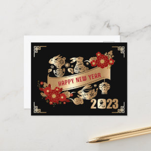 Postal Floral de oro negro de Año Nuevo de Conejo 2023