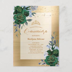 Postal Floral de oro verde esmeralda Quinceañera