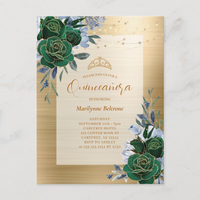Postal Floral de oro verde esmeralda Quinceañera (Anverso)