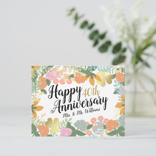 Postal Floral de primavera personalizada Feliz 40 anivers (Anverso de pie)