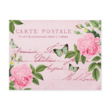 Postal floral de rosas de época con mariposas