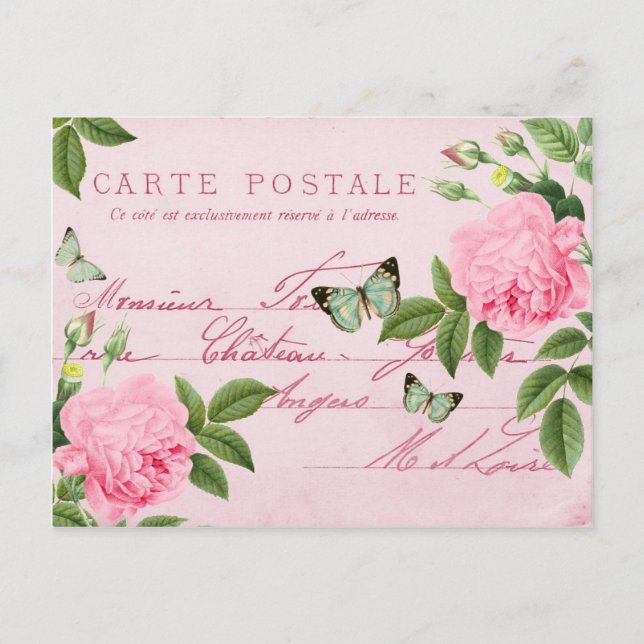 Postal floral de rosas de época con mariposas (Anverso)