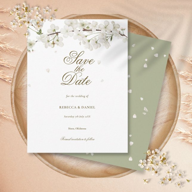 Postal Floral de vegetación blanca y floreciente salva la (White Blossom Greenery Floral Save the Date Postcard)