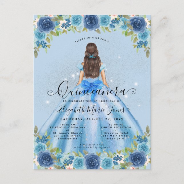 Postal Floral Dusty Blue Silver Glam Princesa Quinceanera (Anverso)