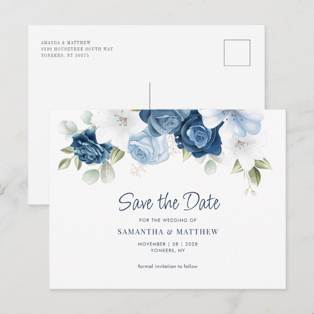 Postal Floral Dusty Blue Wedding Salven la fecha (Anverso / Reverso)