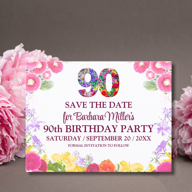 Postal Floral Elegante 90º cumpleaños Save The Date 90 (Subido por el creador)