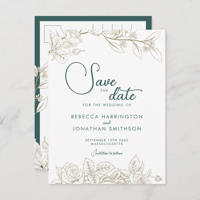 Postal Floral Emerald Green Gold Wedding Save The Date (Anverso / Reverso)