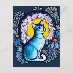 Postal Floral estilo Halo Mucha estilo Gato Azul Kitty