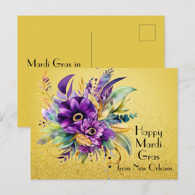 Postal Floral feliz Mardi Gras de Nueva Orleans (Anverso / Reverso)