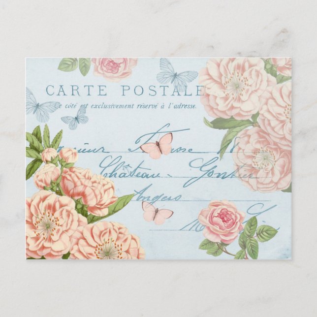 Postal floral francesa del vintage con los rosas (Anverso)