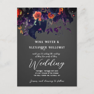 Postal Floral gótica oscura con Boda de Bats QRC