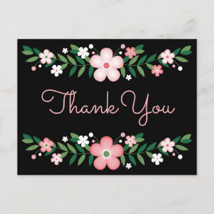Postal Floral Gracias Negro, Flores Rosadas Fiesta de Bod