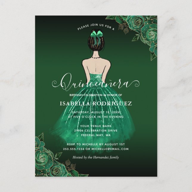 Postal Floral Green Princess Gold Birday Quinceañera (Anverso)