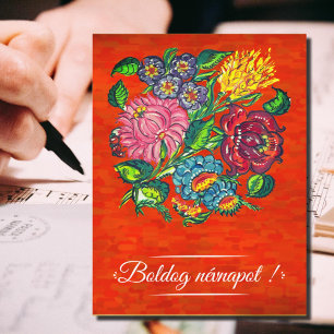 Postal Floral húngara en rojo - Día del nombre