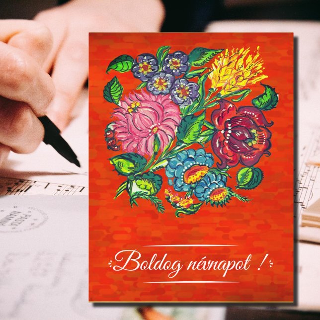 Postal Floral húngara en rojo - Día del      nombre (Subido por el creador)