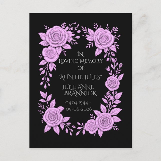 POSTAL FLORAL LAVENDER. IN LOVING MEMORY KEEPSAKE,  (Anverso)