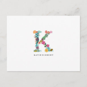 Postal Floral Letter Monogram Initial - K - Flat Card