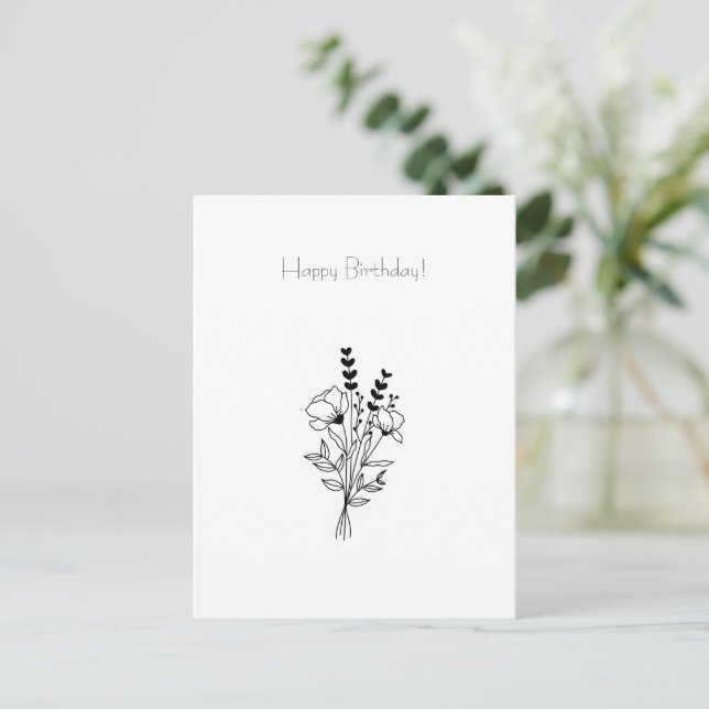 Postal Floral Line Art Flowers Illustration Birthday Card (Anverso de pie)