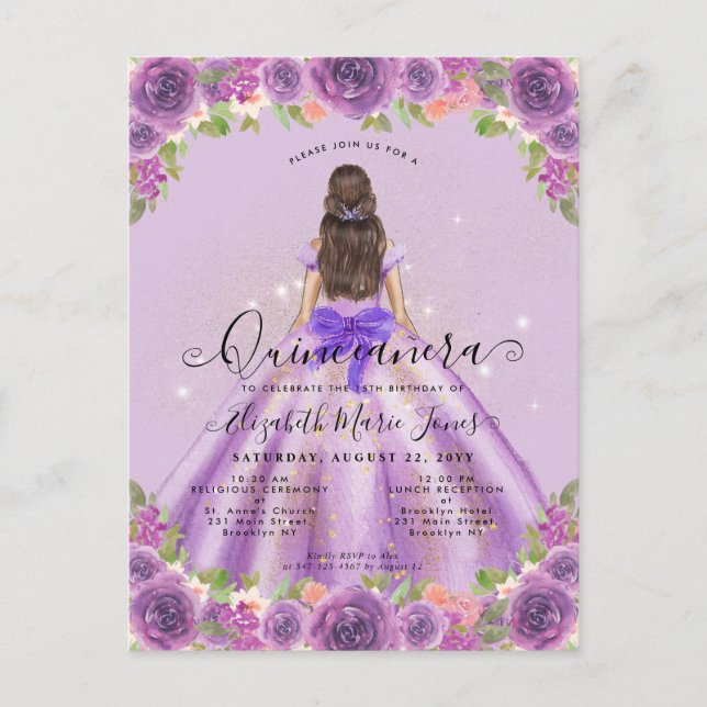 Postal Floral luz morada oro glam Princesa Quinceanera (Anverso)