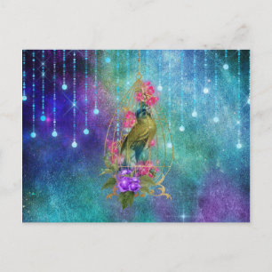 Postal floral mágica de pájaro y jaula