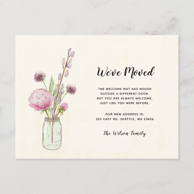Postal Floral Mason Jar Hemos Mudado Nueva Dirección Movi (Anverso)