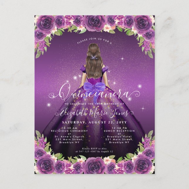 Postal Floral Oscuro Morado Glam Princesa Quinceanera (Anverso)