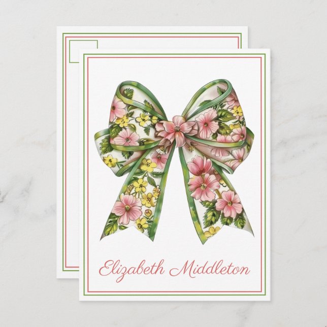 Postal Floral Pink and Green Watercolor Bow Personalized (Anverso / Reverso)