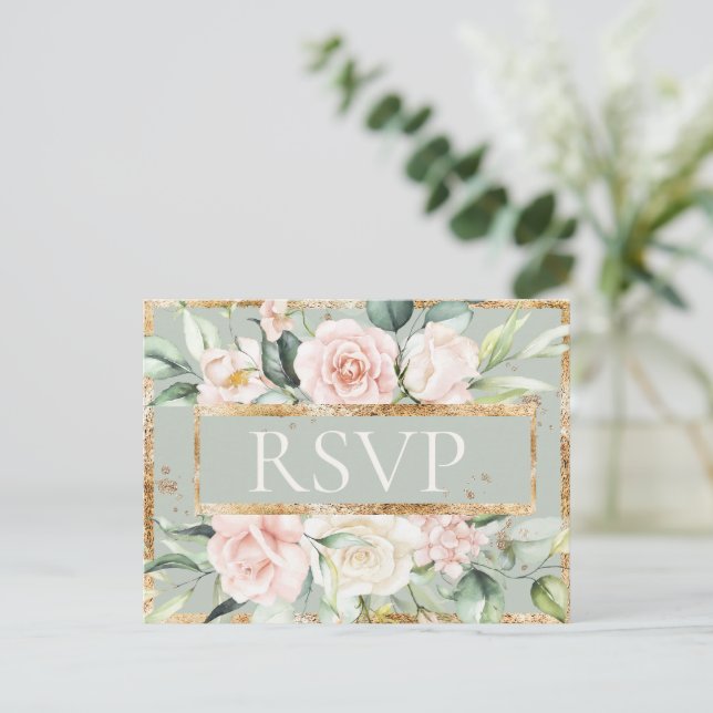 Postal Floral Pink Gold Sage Green Quinceañera RSVP (Anverso de pie)
