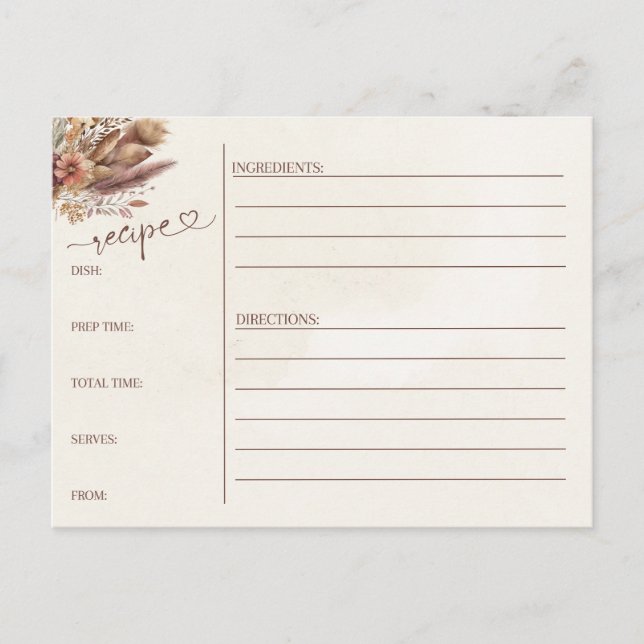 Postal floral Pompas césped boho novia ducha receta (Anverso)