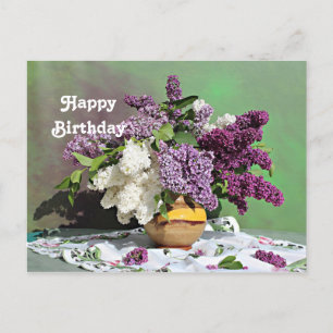 Postal Floral Purple and White Lilacs Bouquet Cumpleaños